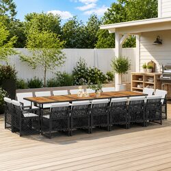 Outdoor Garden Dining Set 17 Piece Black Poly Rattan Furniture with Cushions