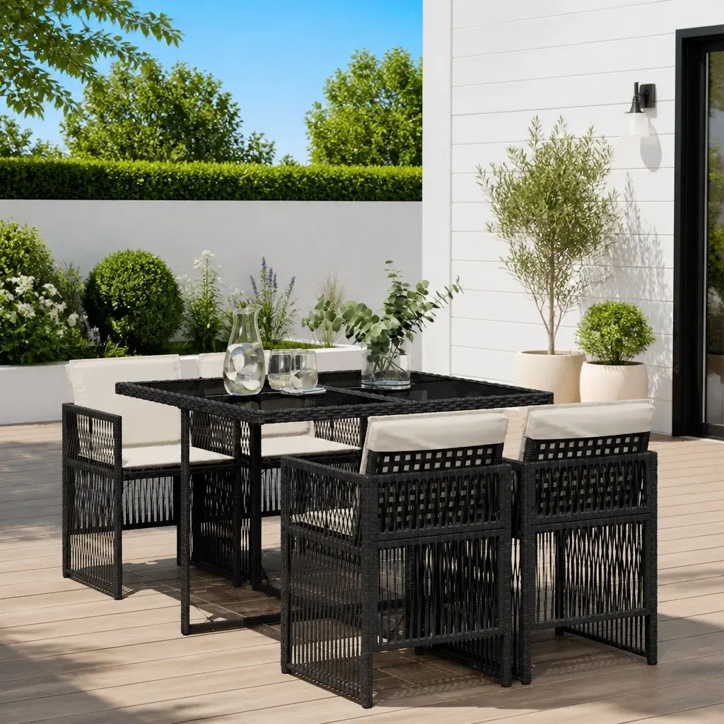 5 Piece Outdoor Dining Set Black Poly Rattan Space Saving Table with Cushions
