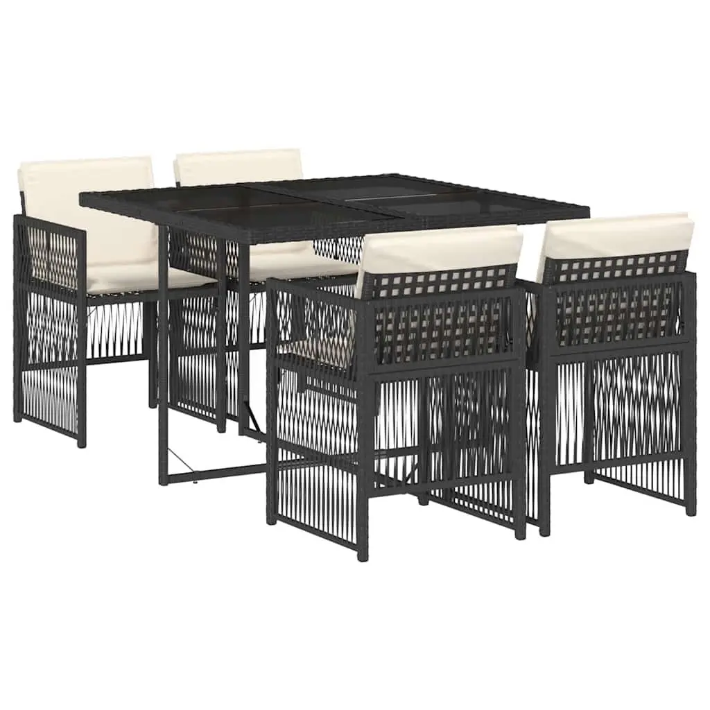 5 Piece Outdoor Dining Set Black Poly Rattan Space Saving Table with Cushions