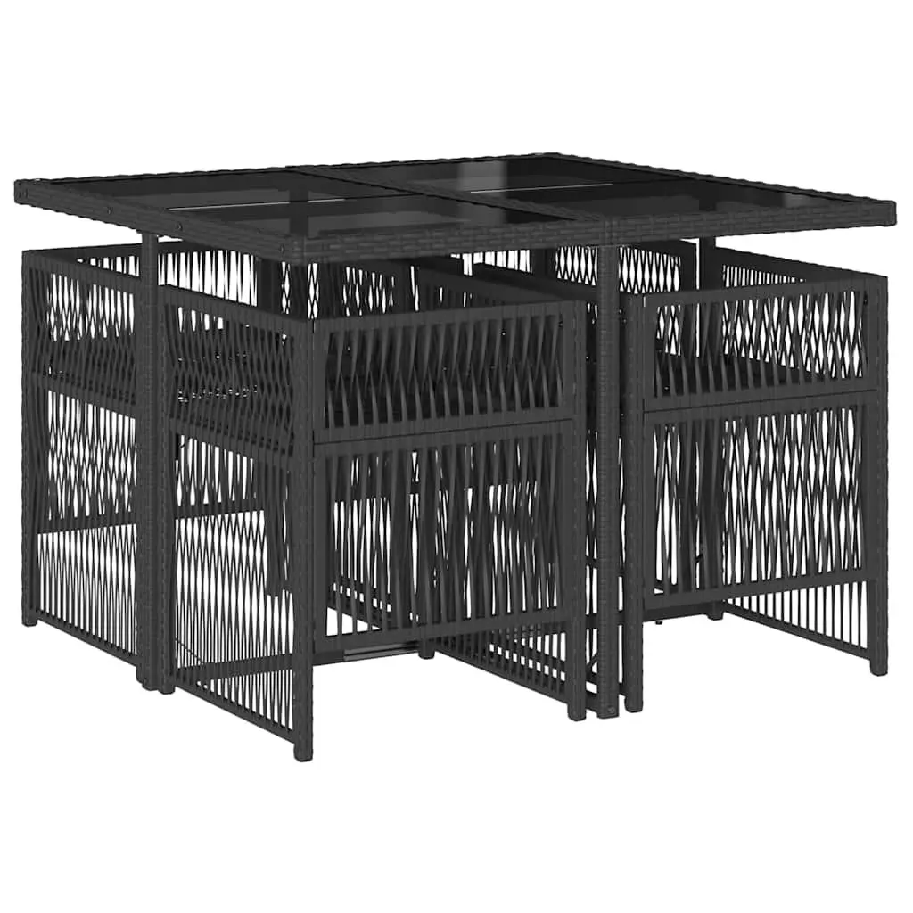 5 Piece Black PE Rattan Patio Dining Set with Cushions and Tempered Glass Table