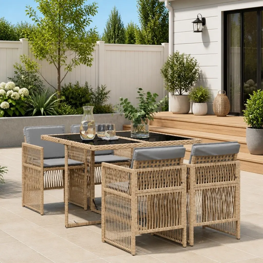 5 Piece Outdoor Dining Set Beige Poly Rattan Chairs Table