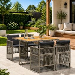 Garden Dining Set 5 Piece Outdoor Table Chairs Grey Poly Rattan with Cushions
