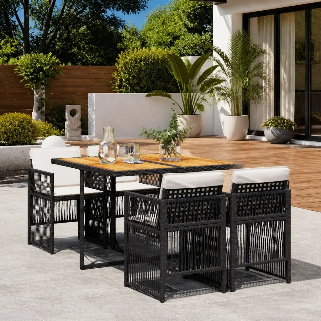 Outdoor Dining Set Foldable Chairs Acacia Wood Table Black PE Rattan 5 Piece