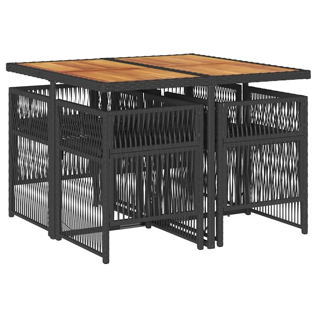 Outdoor Dining Set Foldable Chairs Acacia Wood Table Black PE Rattan 5 Piece