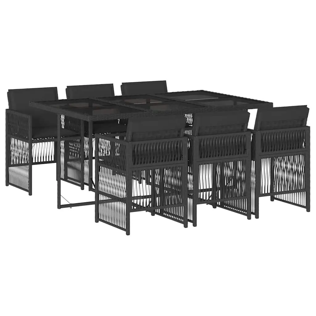 7 Piece Outdoor Dining Set Black Poly Rattan Foldable Chairs Tempered Glass