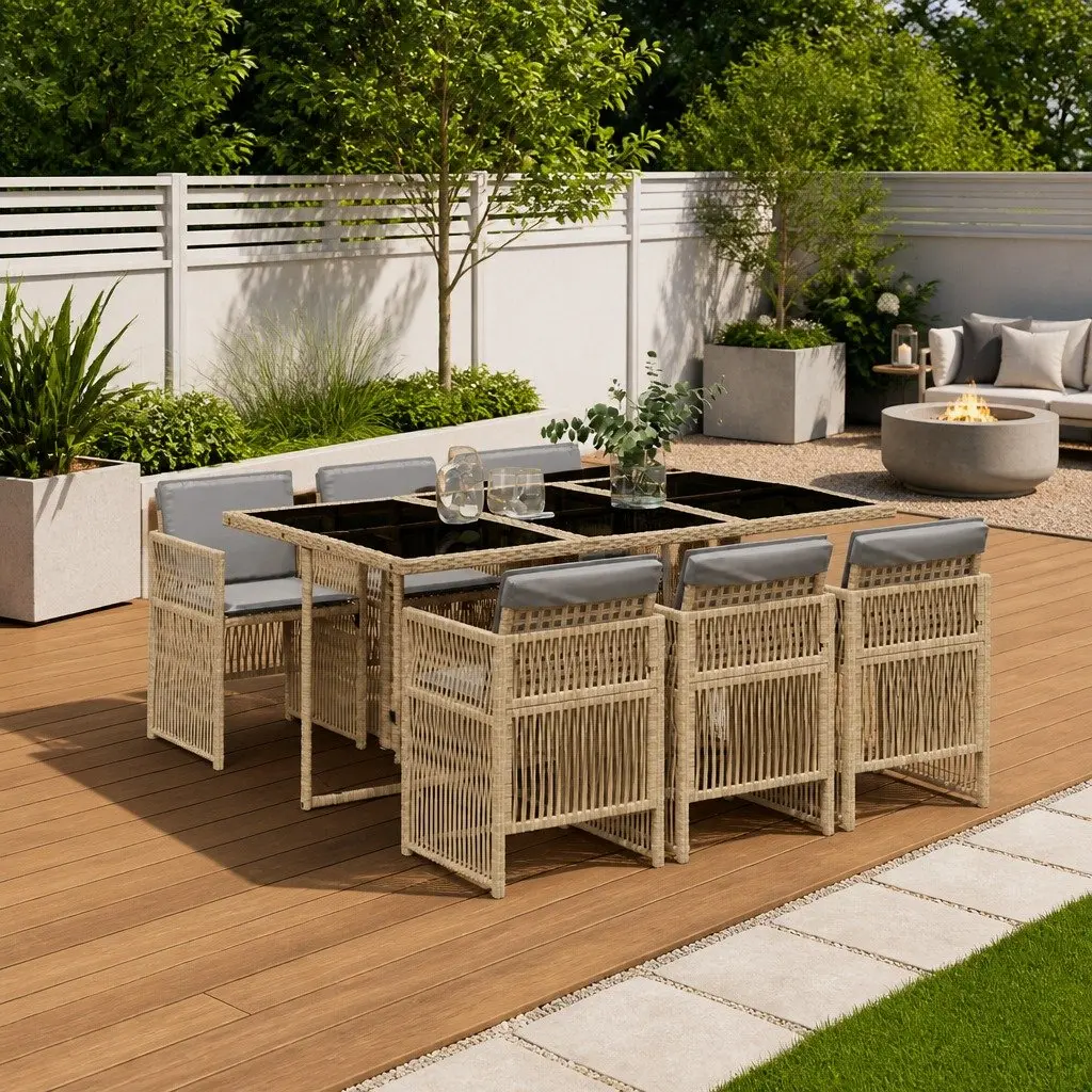 Outdoor Dining Set 7 Piece Beige Poly Rattan Table and Chairs Cushioned Patio Furniture