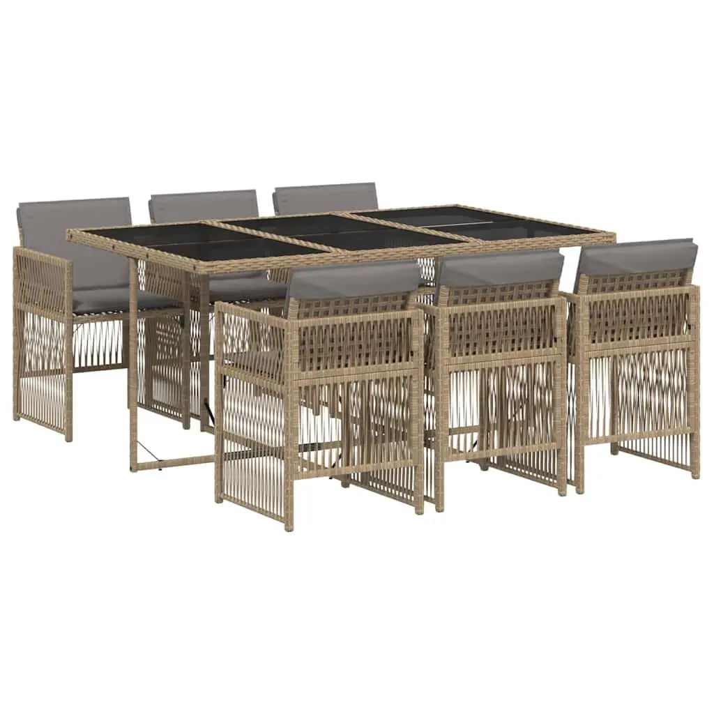 Outdoor Dining Set 7 Piece Beige Poly Rattan Table and Chairs Cushioned Patio Furniture