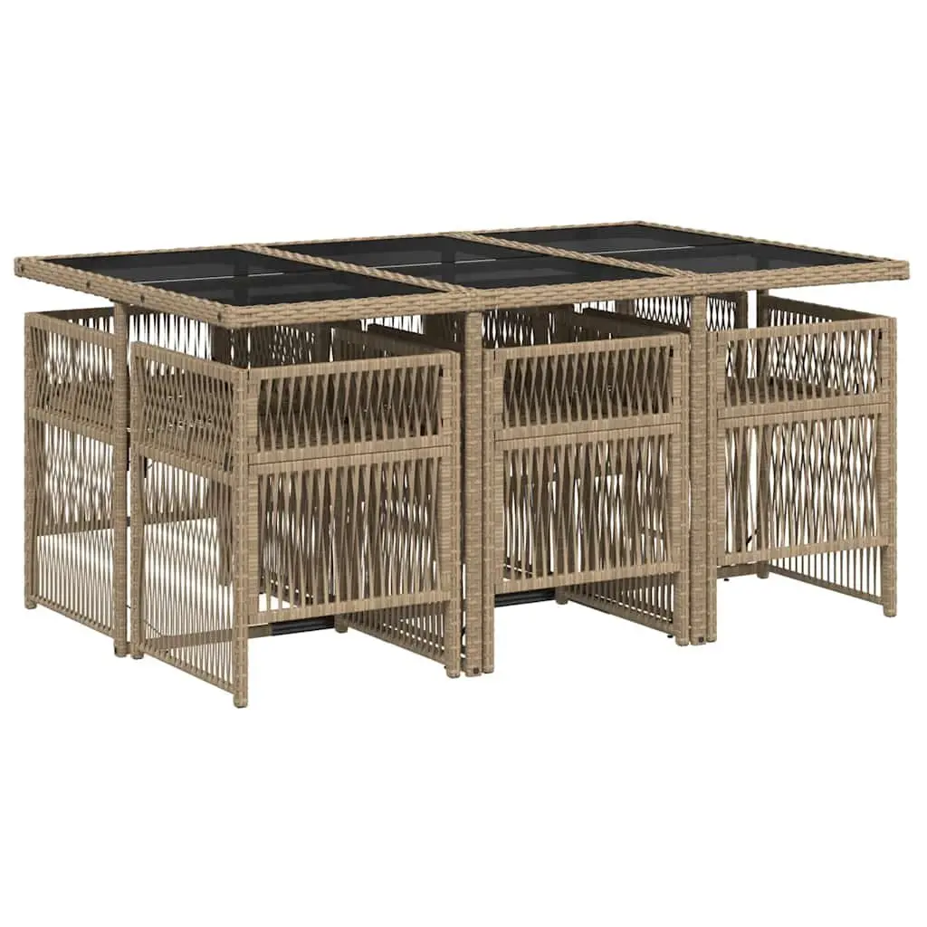 Outdoor Dining Set 7 Piece Beige Poly Rattan Table and Chairs Cushioned Patio Furniture