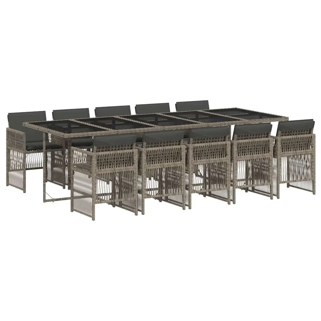 Garden Dining Set Grey Poly Rattan 11 Piece Outdoor Patio Furniture with Tempered Glass Top and Folding Chairs