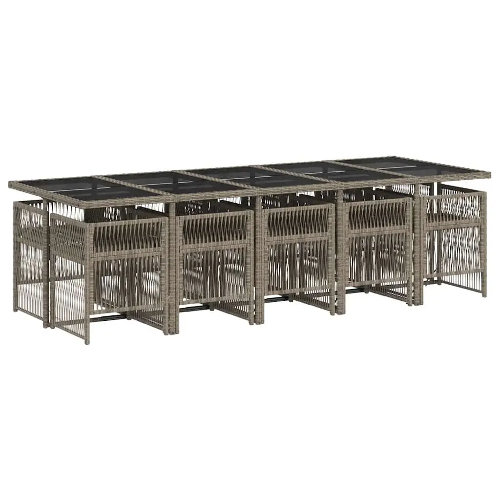 Garden Dining Set Grey Poly Rattan 11 Piece Outdoor Patio Furniture with Tempered Glass Top and Folding Chairs