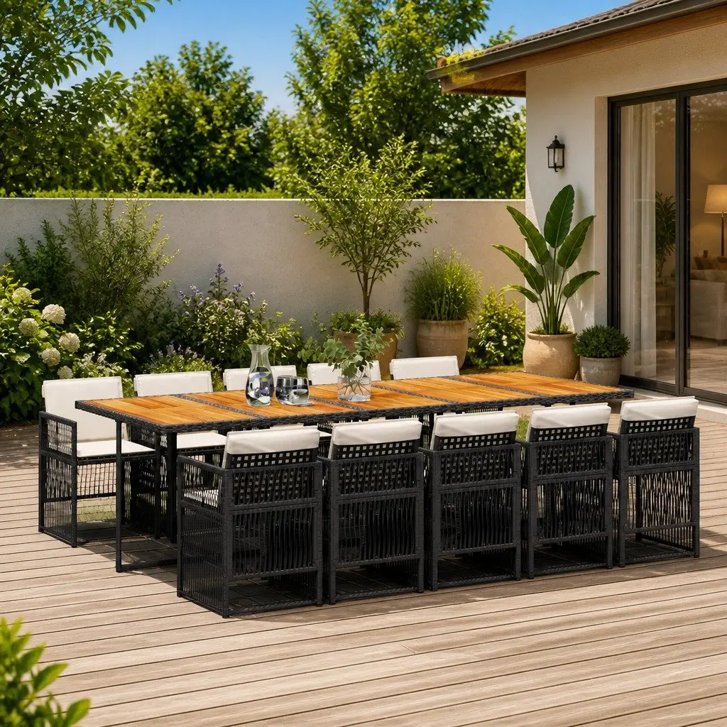 Garden Dining Set 11 Piece Black Poly Rattan Outdoor Furniture with Cushions