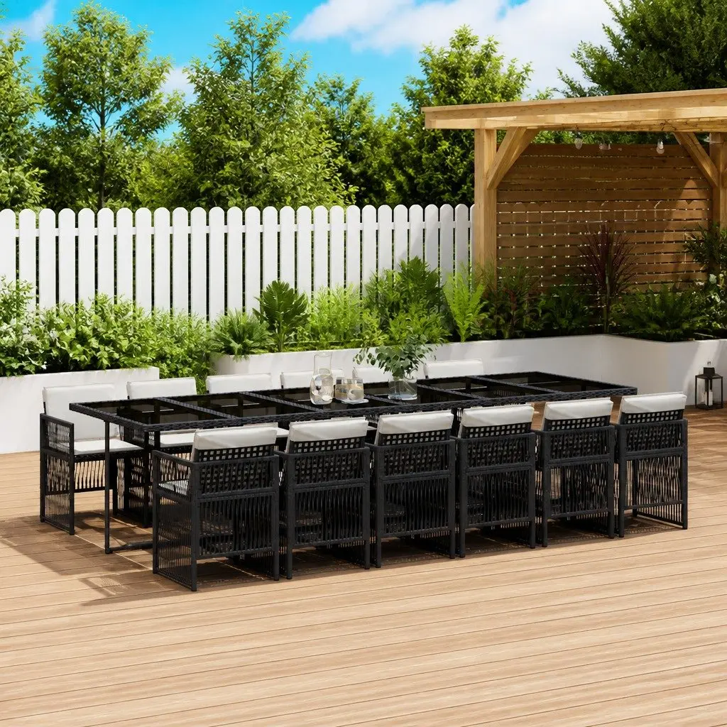 13PieceGardenDiningSetBlackWeatherResistantPolyRattanFurnitureWithRemovableCushionsAndTemperedGlassTableForOutdoorRelaxation