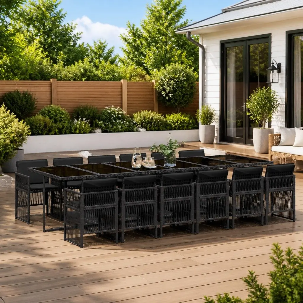 Outdoor Furniture Set 13 Piece Black PE Rattan Dining Table and Chairs with Cushions