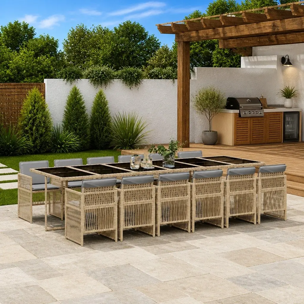 Outdoor Dining Set 13 Piece Cushioned Chairs Beige Poly Rattan Table