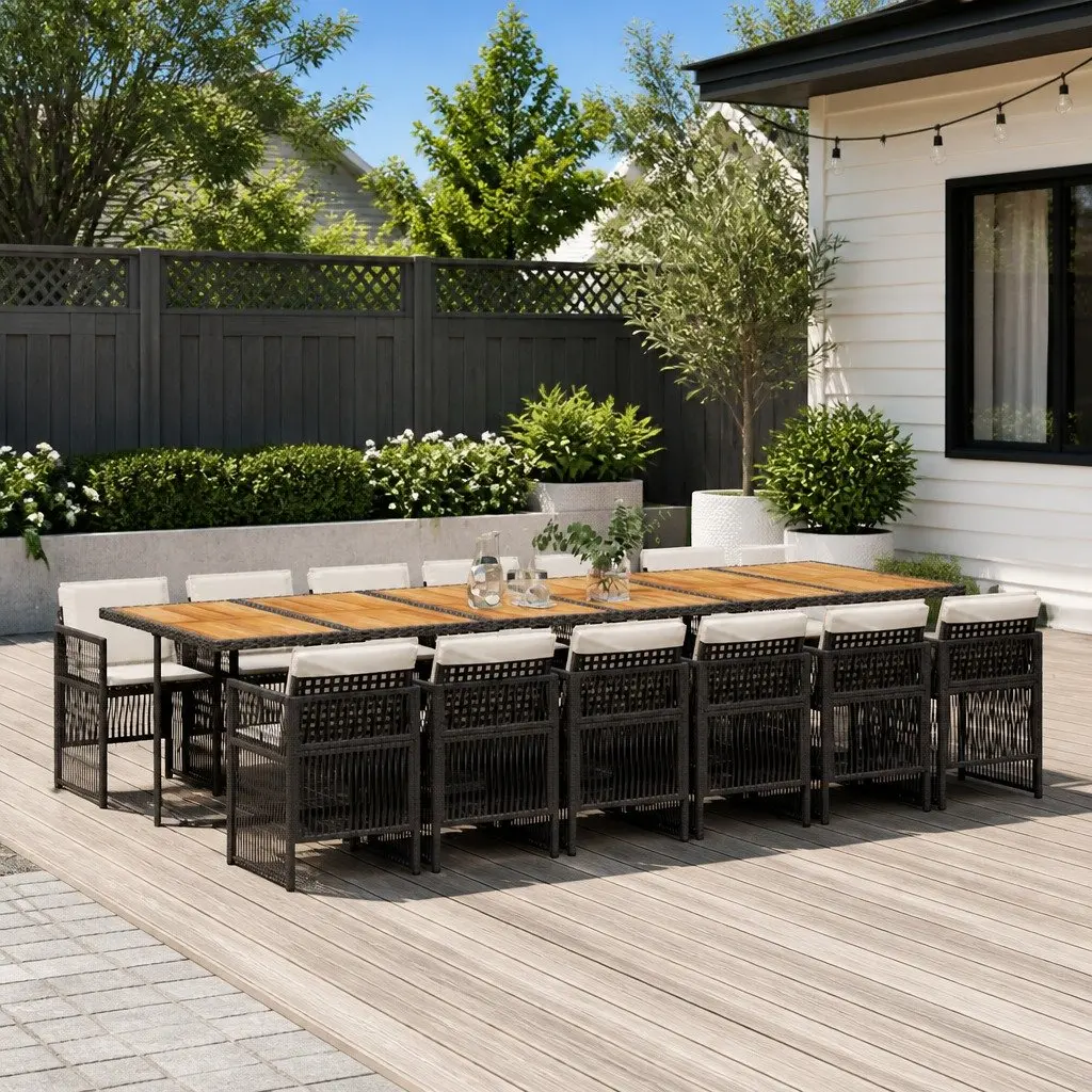 Outdoor Furniture Set 13 Piece Black Poly Rattan Dining Ensemble with Acacia Wood Table and Cushioned Chairs