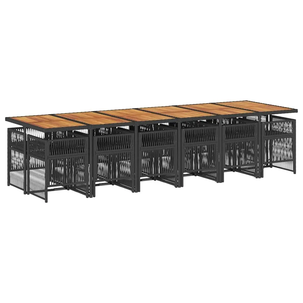 Outdoor Furniture Set 13 Piece Black Poly Rattan Dining Ensemble with Acacia Wood Table and Cushioned Chairs