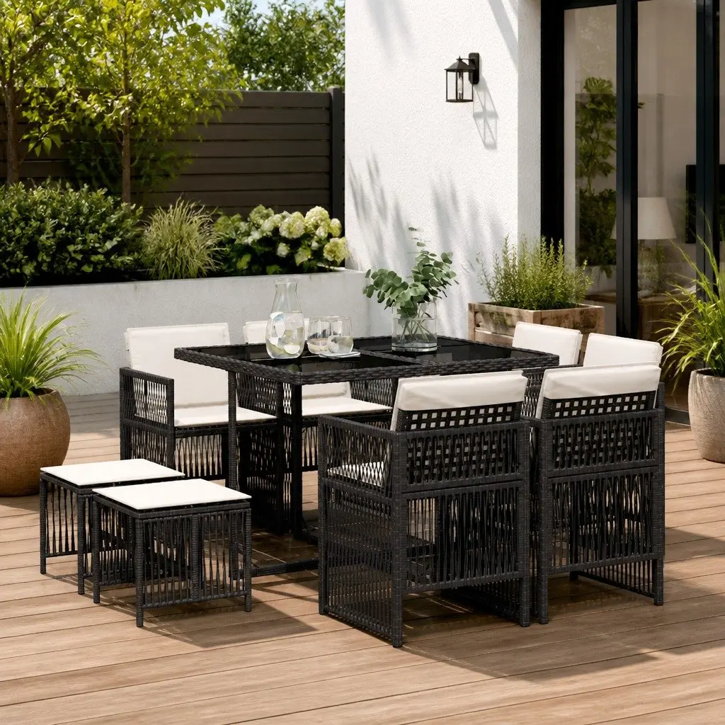 9 Piece Garden Dining Set Black Poly Rattan Outdoor Patio Furniture with Foldable Chairs and Tempered Glass Tabletop
