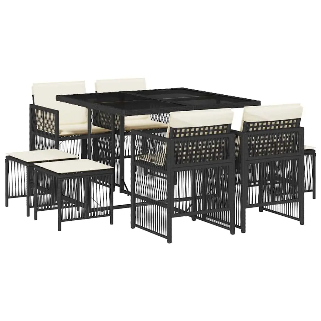 9 Piece Garden Dining Set Black Poly Rattan Outdoor Patio Furniture with Foldable Chairs and Tempered Glass Tabletop