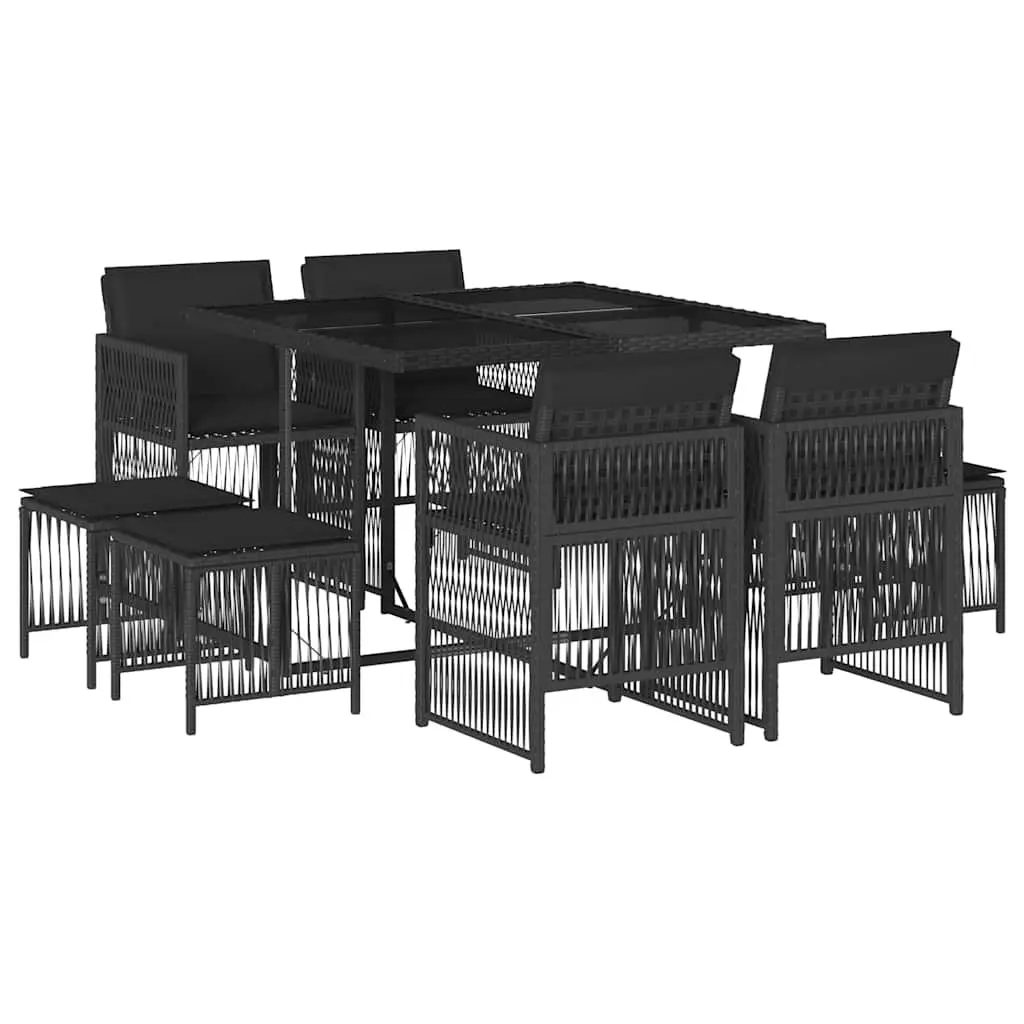 Garden Dining Set 9 Piece Black Poly Rattan Outdoor Furniture with Cushions