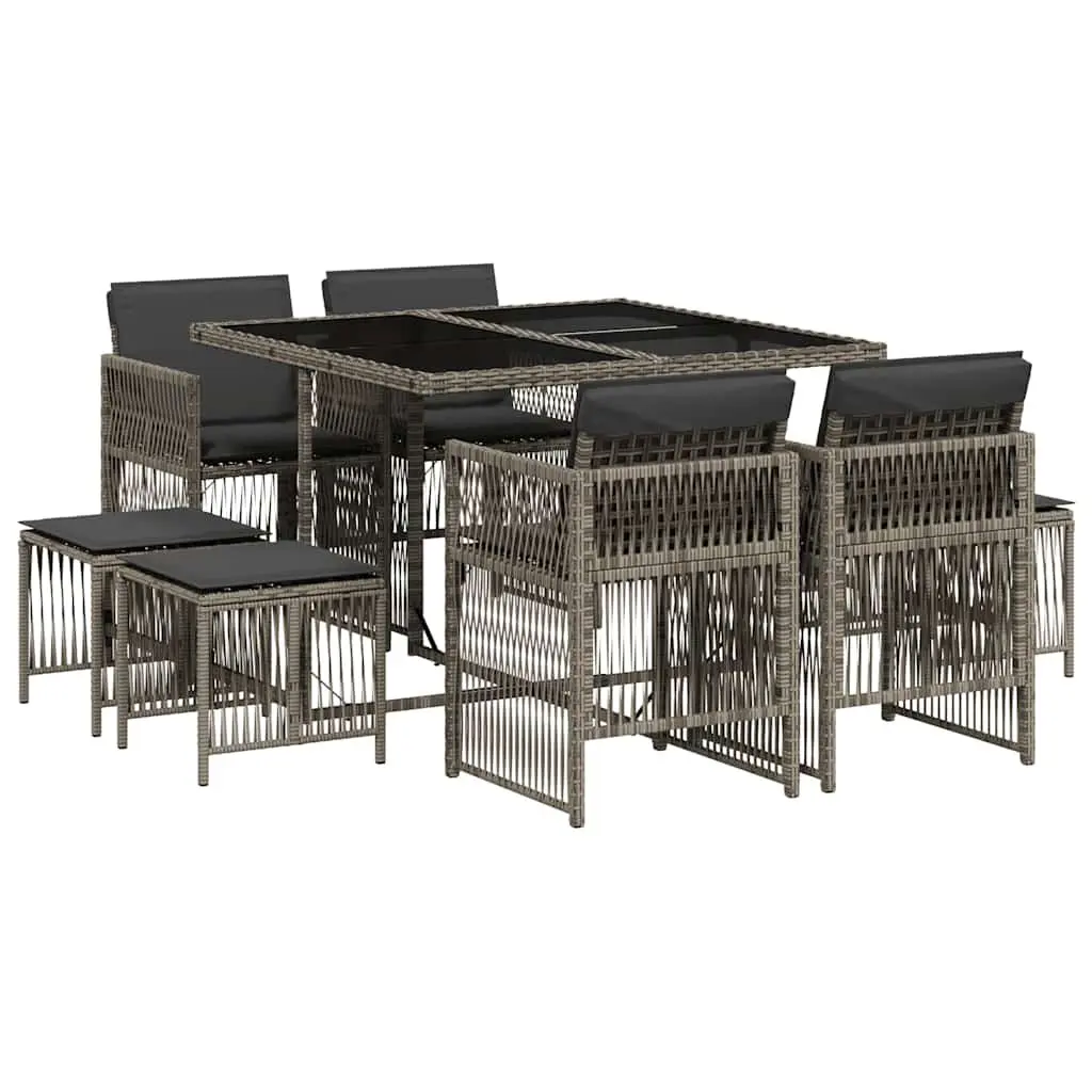 9 Piece Garden Dining Set Grey PE Rattan Chairs Table Cushions Outdoor