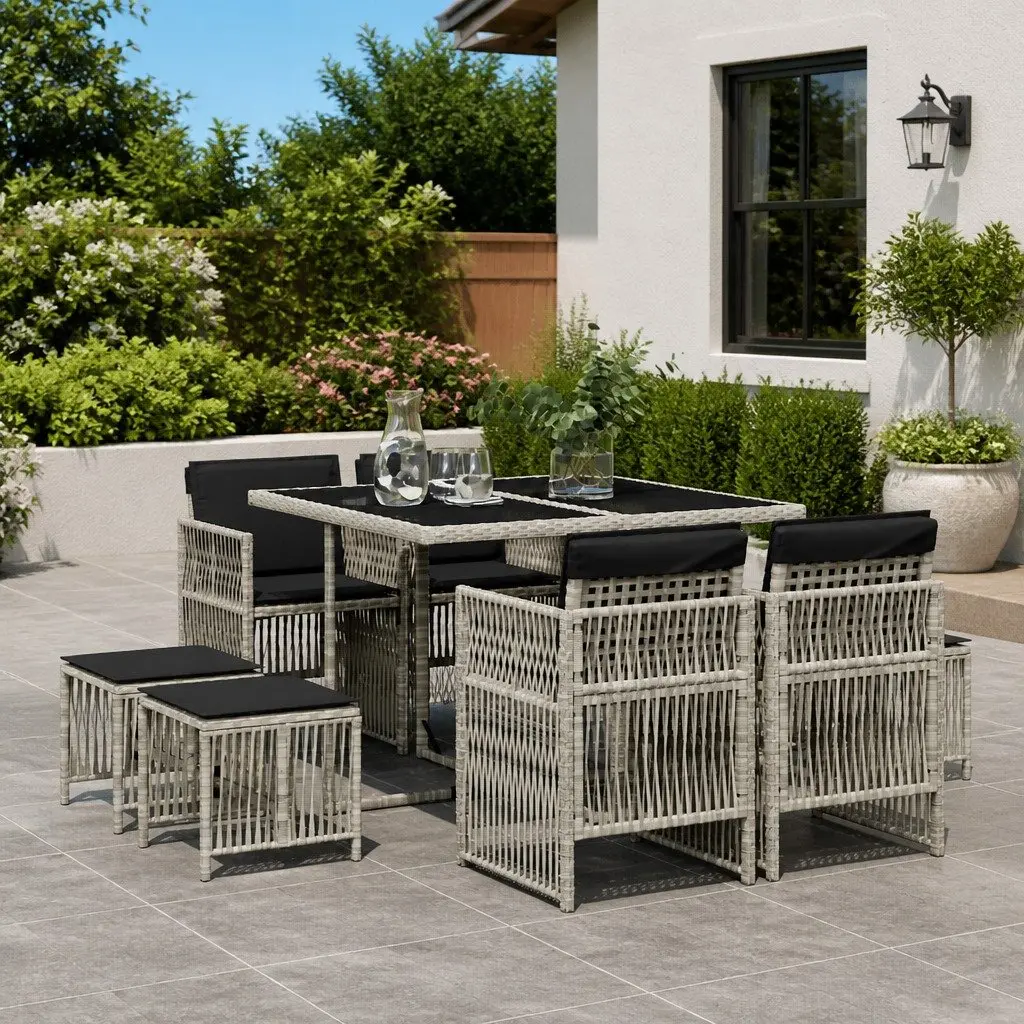 Outdoor Dining Set Grey Poly Rattan 9 Piece Garden Furniture with Cushions
