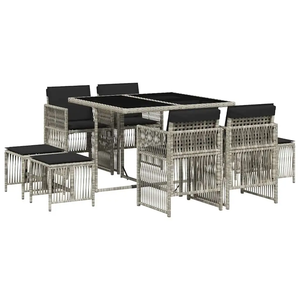 Outdoor Dining Set Grey Poly Rattan 9 Piece Garden Furniture with Cushions
