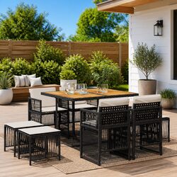 9 Piece Outdoor Garden Dining Set PE Rattan Chairs Table with Cushions Black