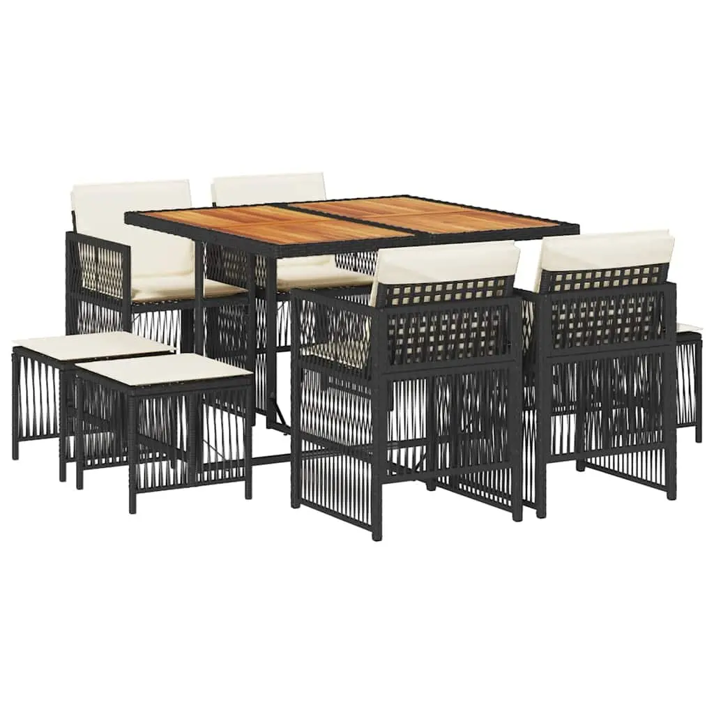 9 Piece Garden Dining Set Black Acacia Table and PE Rattan Chairs with Cushions for Outdoor Relaxation