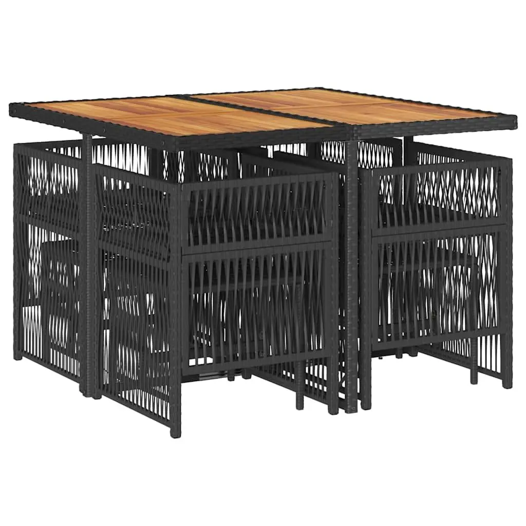 9 Piece Garden Dining Set Black Acacia Table and PE Rattan Chairs with Cushions for Outdoor Relaxation