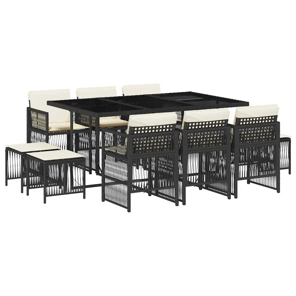 Outdoor Furniture Set Black Poly Rattan 11 Piece Dining Table with Chairs and Stools