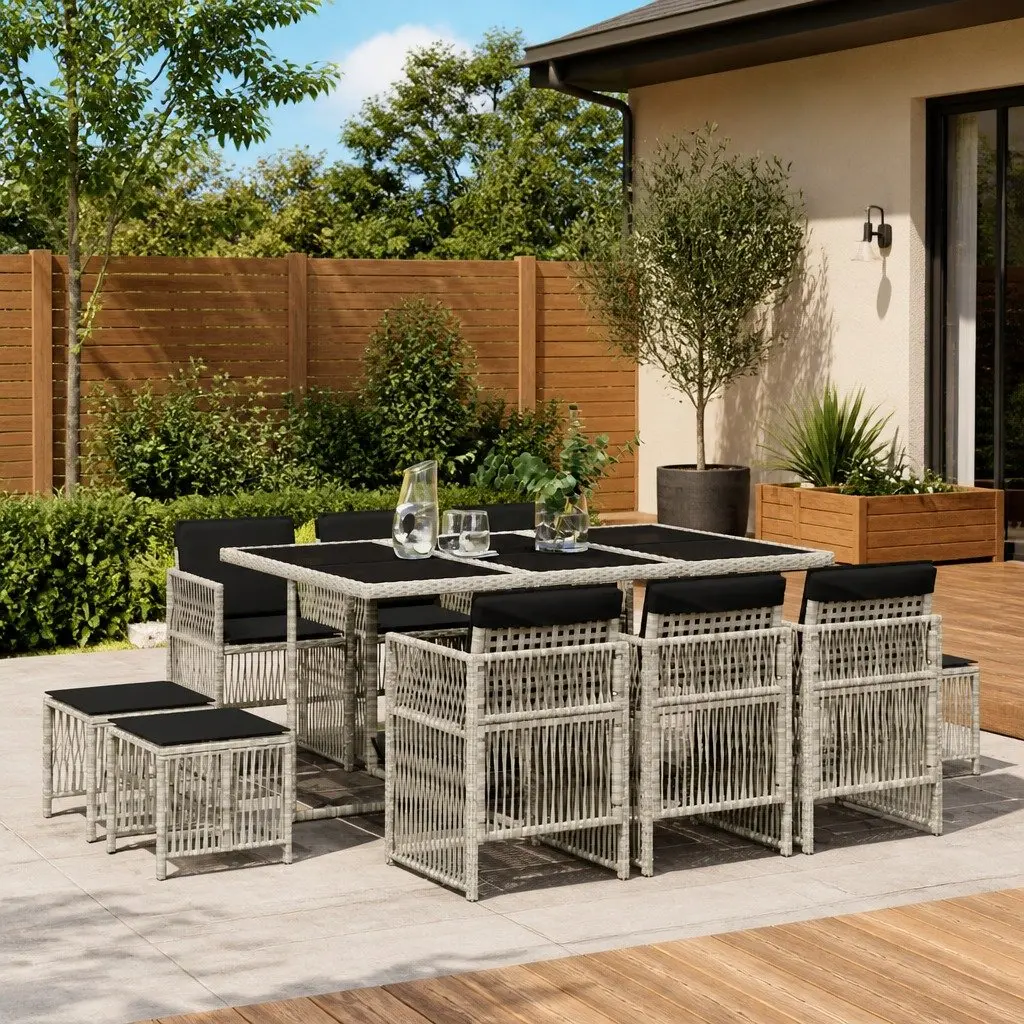 Outdoor Patio Furniture Set 11 Piece Space Saving Grey Poly Rattan Cushioned Dining Table and Chairs