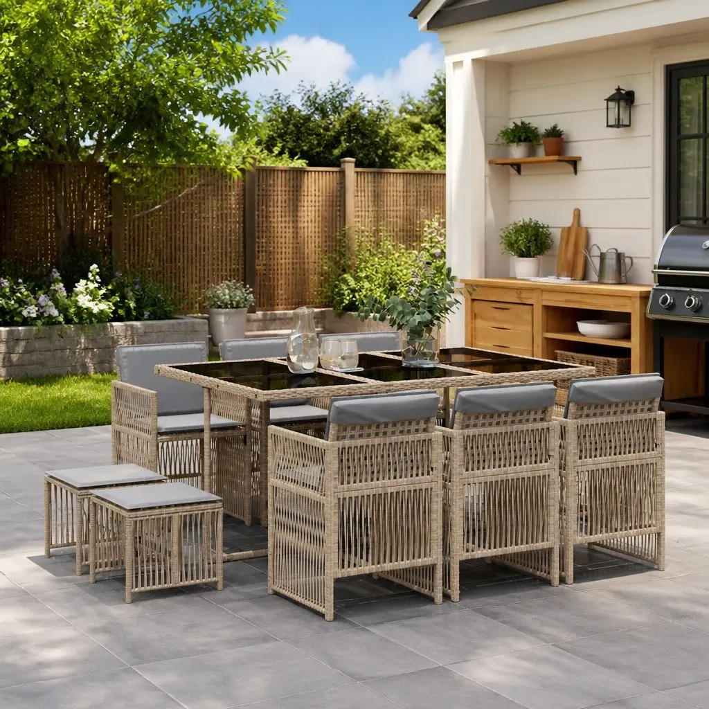 Outdoor Garden Dining Set 11 Piece Poly Rattan Furniture with Cushions Beige