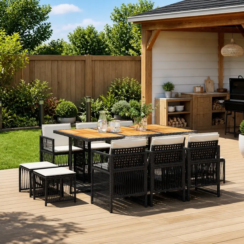 Garden Dining Set 11 Piece Outdoor Furniture PE Rattan Chairs Table Cushions