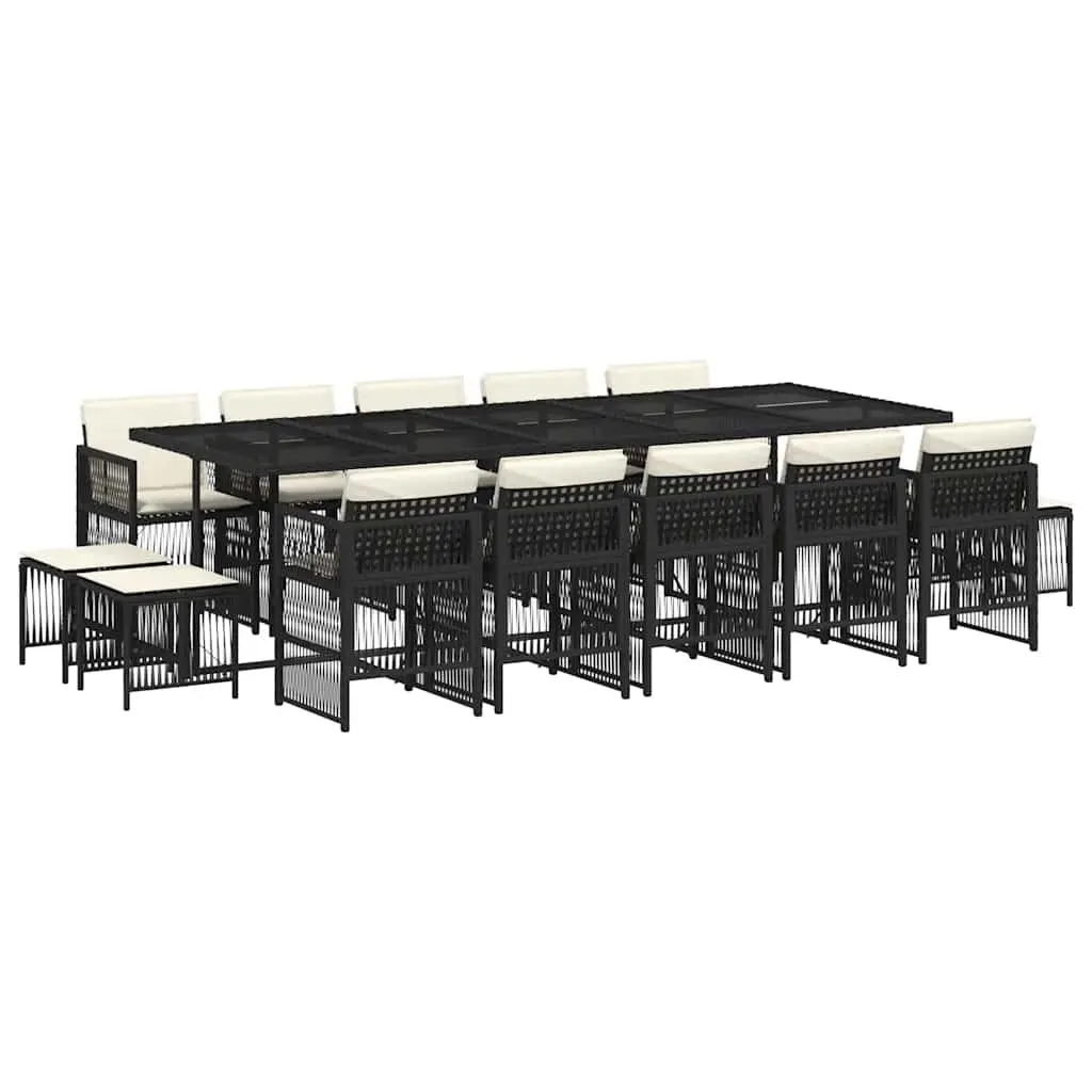 Outdoor Furniture Set 15 Piece PE Rattan Dining Set Black with Glass Table and Cushioned Chairs
