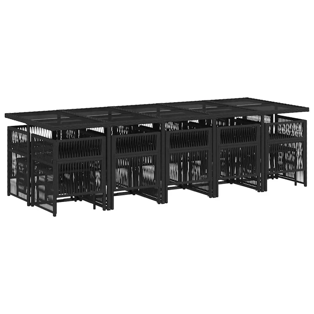 Outdoor Furniture Set 15 Piece PE Rattan Dining Set Black with Glass Table and Cushioned Chairs