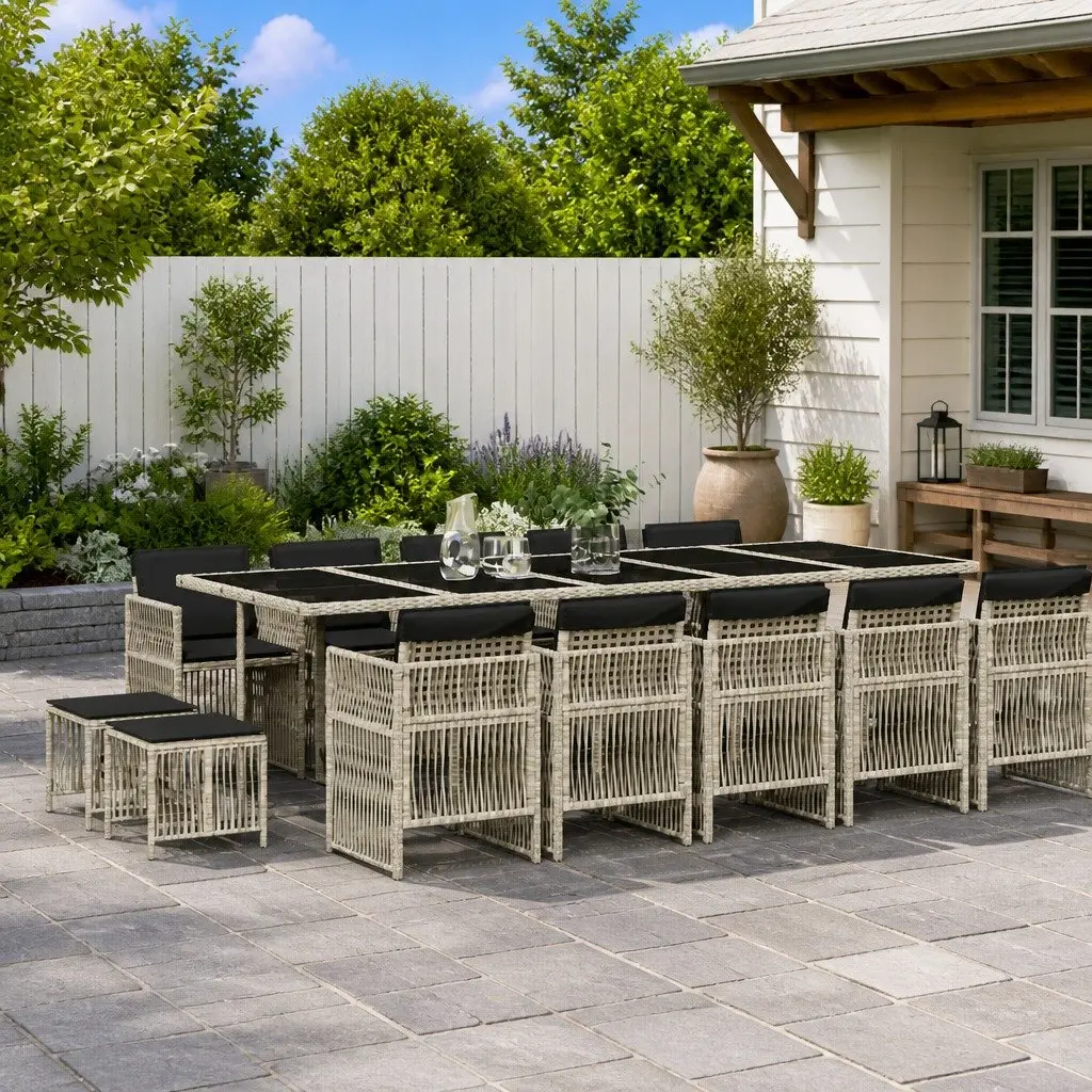 Garden Dining Set Grey Poly Rattan 15 Piece Outdoor Furniture with Cushions and Tempered Glass Table