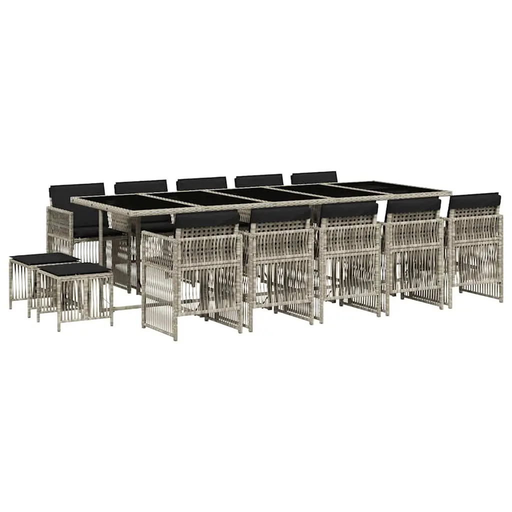 Garden Dining Set Grey Poly Rattan 15 Piece Outdoor Furniture with Cushions and Tempered Glass Table