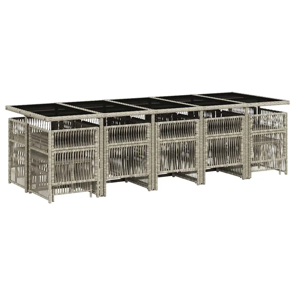 Garden Dining Set Grey Poly Rattan 15 Piece Outdoor Furniture with Cushions and Tempered Glass Table