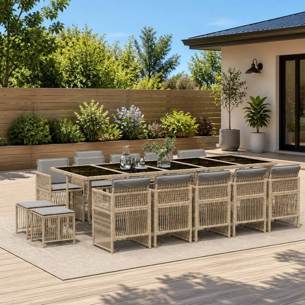 Garden Dining Set 15 Piece Outdoor Furniture Poly Rattan Chairs Table Cushions