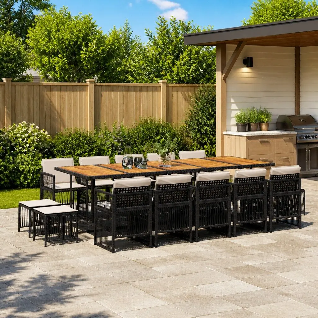 Outdoor Dining Set 15 Piece Garden Furniture Black PE Rattan with Cushions