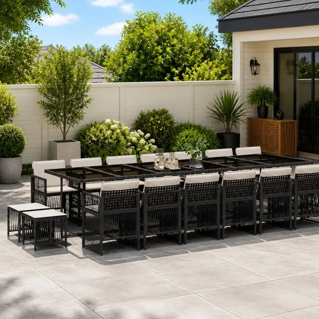 Garden Dining Set 17 Piece Outdoor Furniture Black PE Rattan with Tempered Glass Table and Padded Cushions