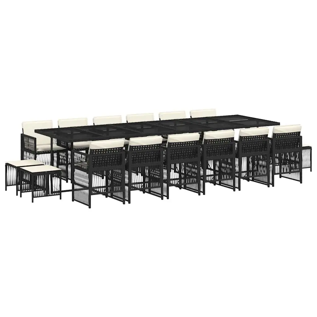 Garden Dining Set 17 Piece Outdoor Furniture Black PE Rattan with Tempered Glass Table and Padded Cushions
