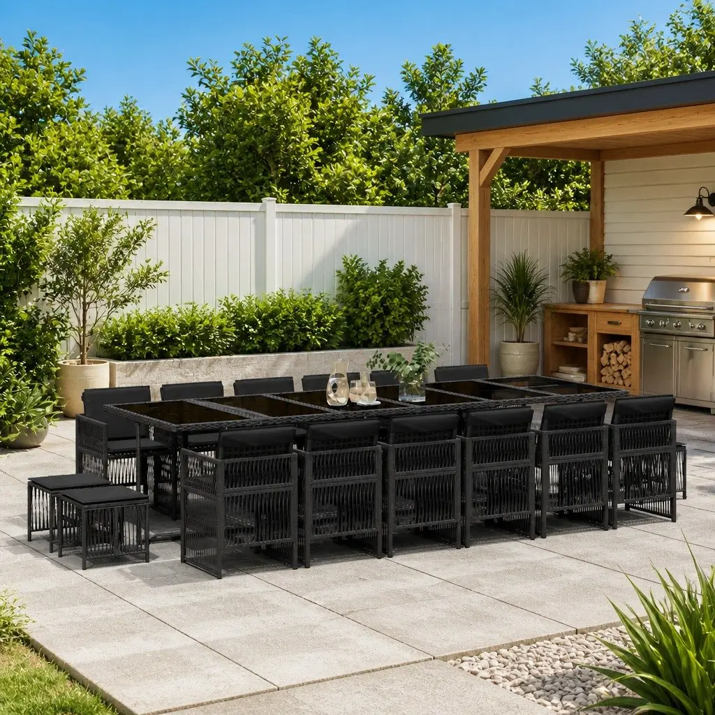 17 Piece Outdoor Garden Dining Set PE Rattan Chairs Table Cushions Black