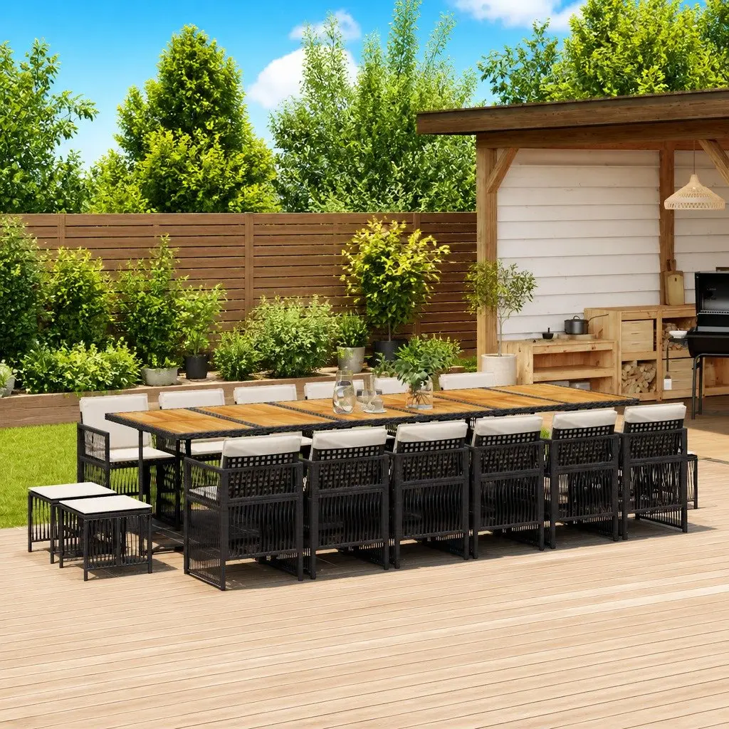 Outdoor Dining Set 17 Piece Black Poly Rattan Furniture with Cushions Acacia Wood Table