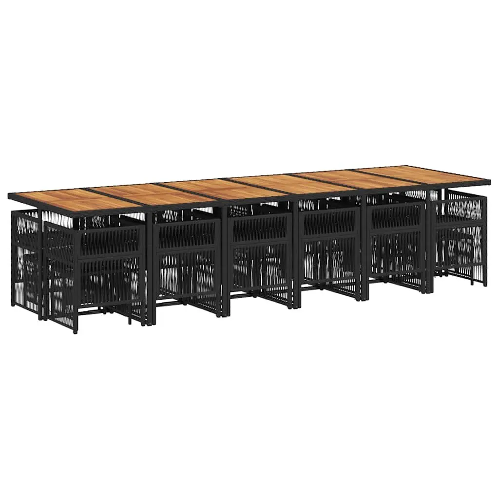 Outdoor Dining Set 17 Piece Black Poly Rattan Furniture with Cushions Acacia Wood Table