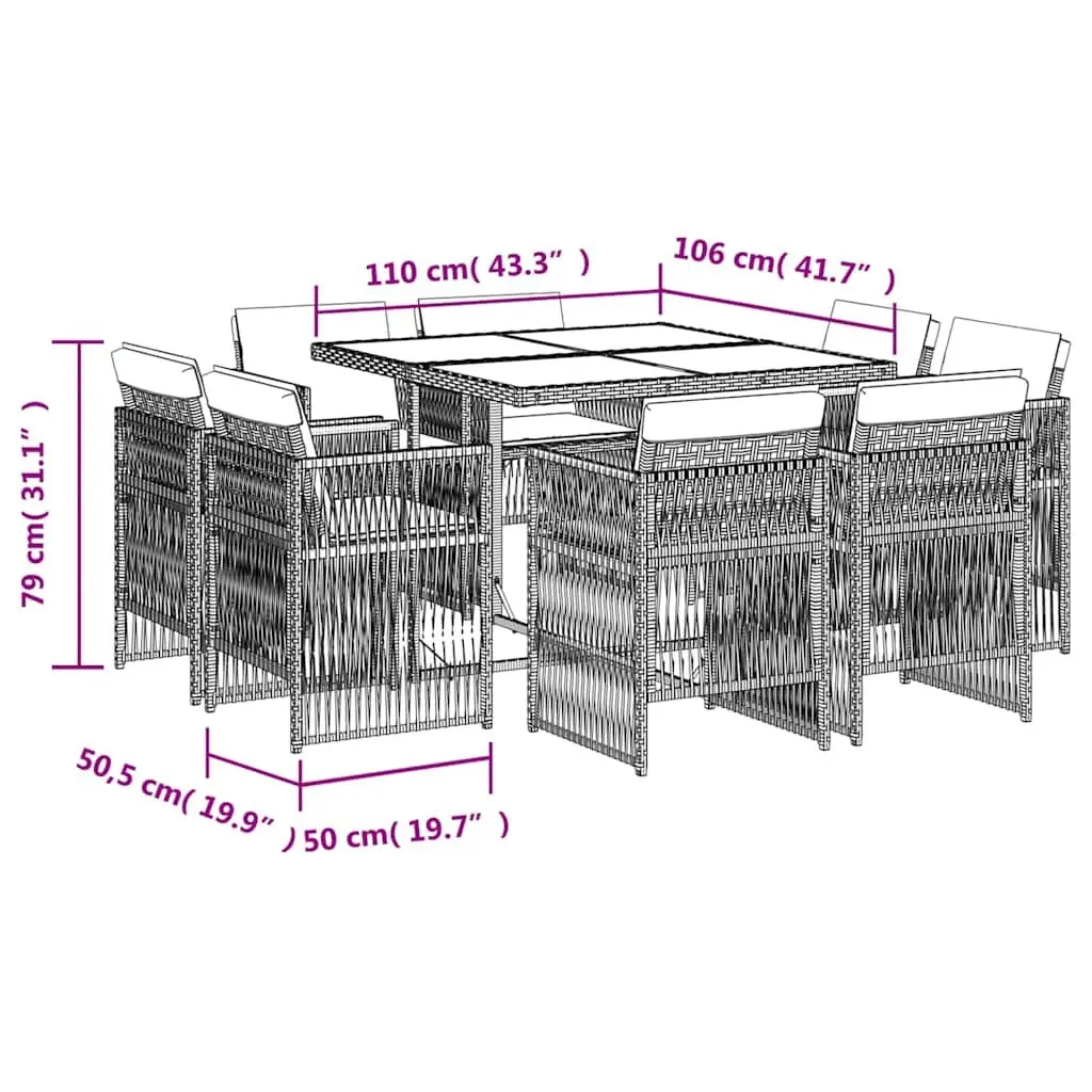 9 Piece Garden Dining Set Grey Poly Rattan Outdoor Furniture with Cushions