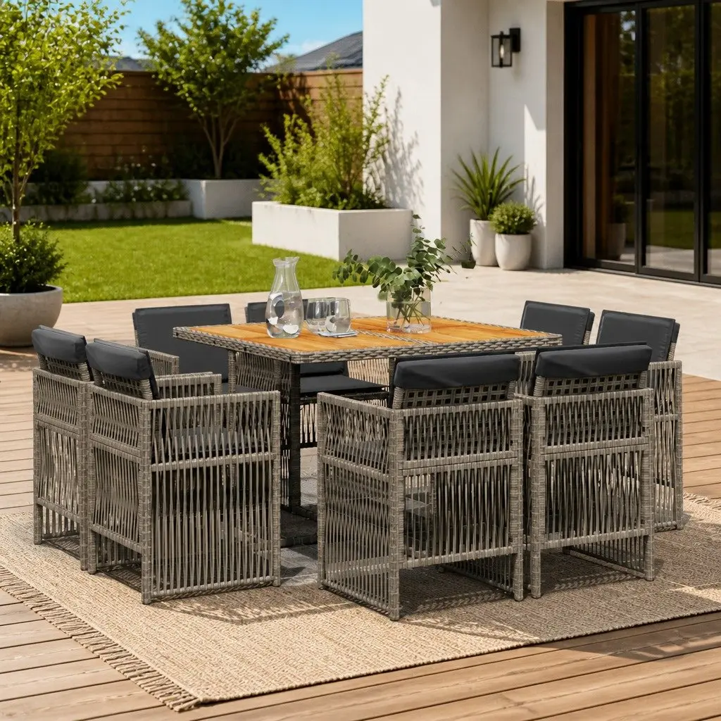 Outdoor Dining Set Grey Poly Rattan 9 Piece Patio Furniture Table and Chairs