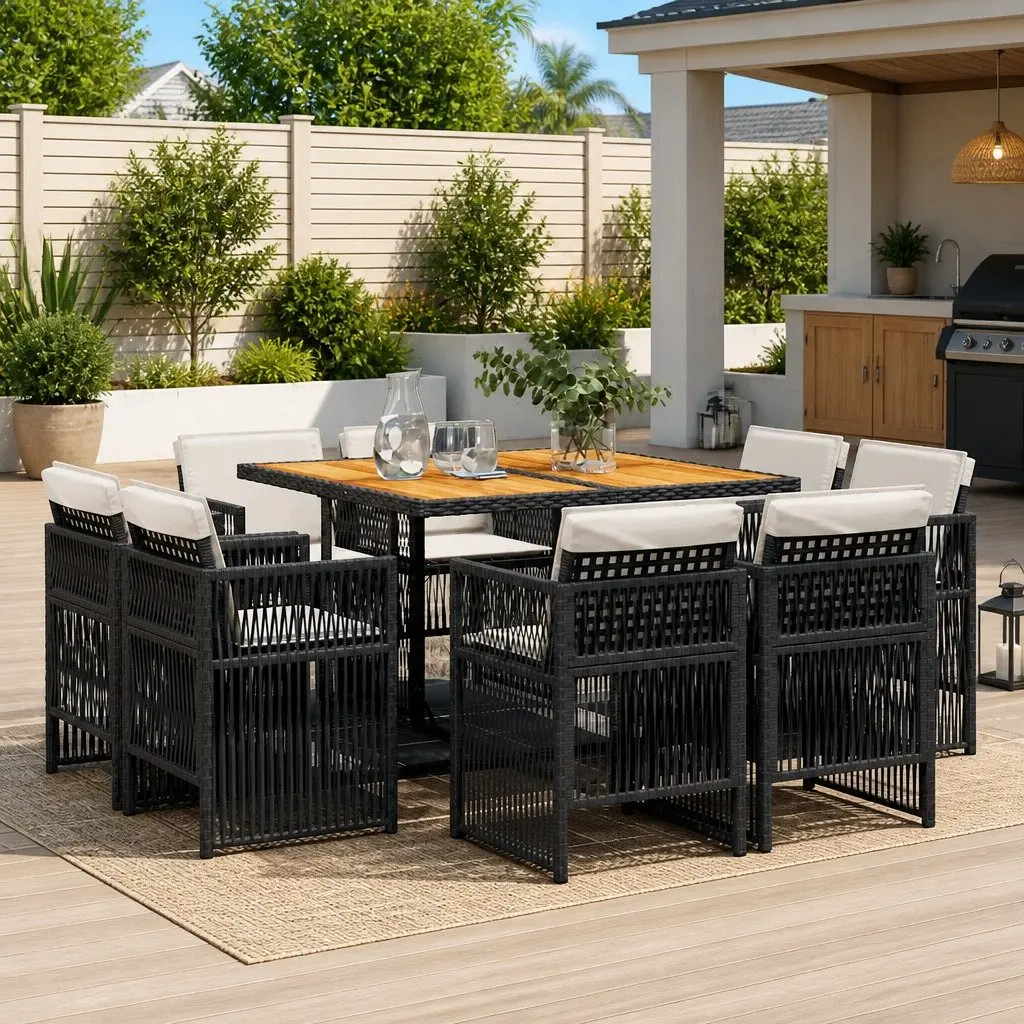 9 Piece Garden Dining Set Outdoor Furniture Black PE Rattan Acacia Wood Table Folding Chairs Padded Cushions