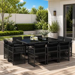 11 Piece Outdoor Garden Dining Set Black Poly Rattan Chairs Table Cushions