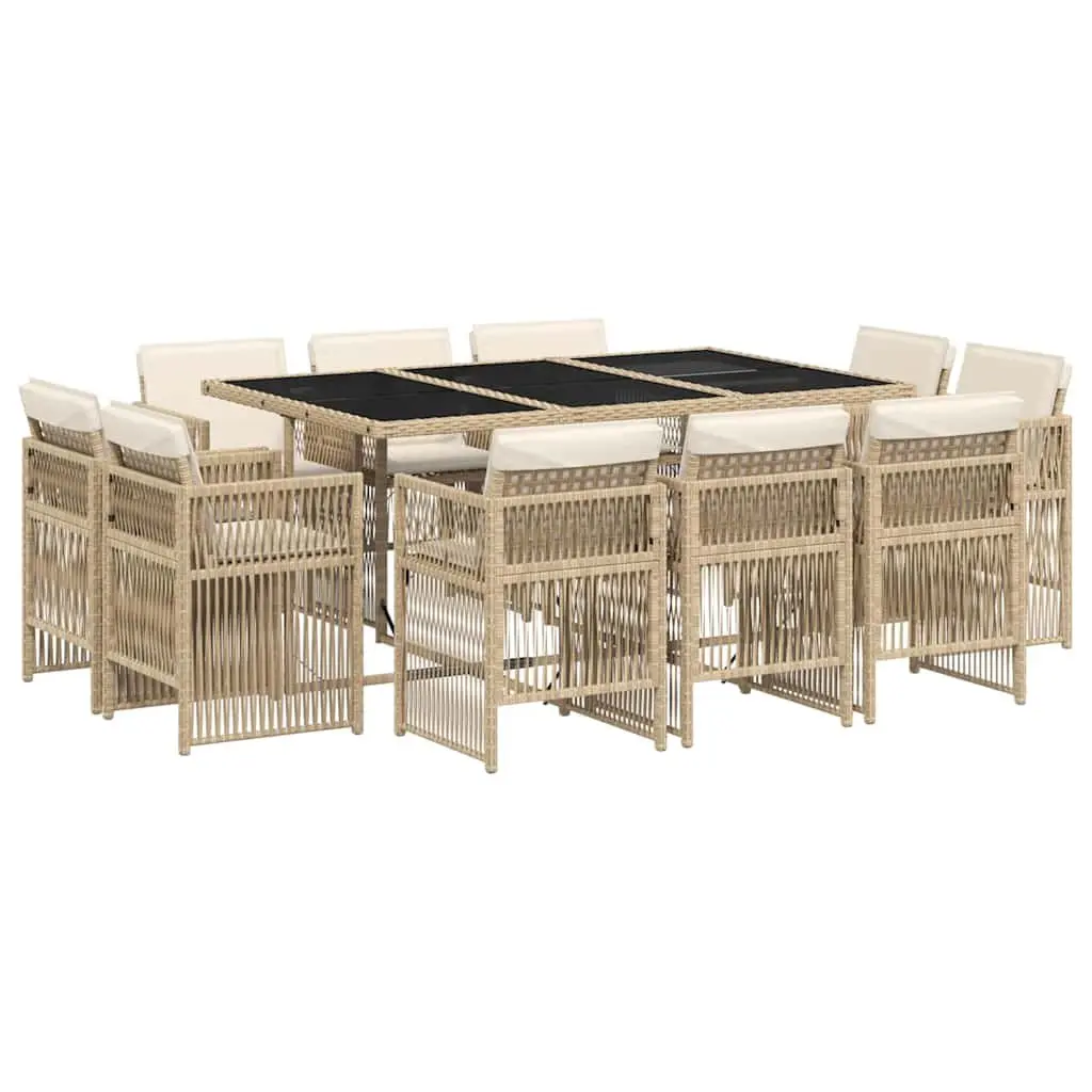 Outdoor Dining Set 11 Piece Beige Poly Rattan Cushions Tempered Glass Top